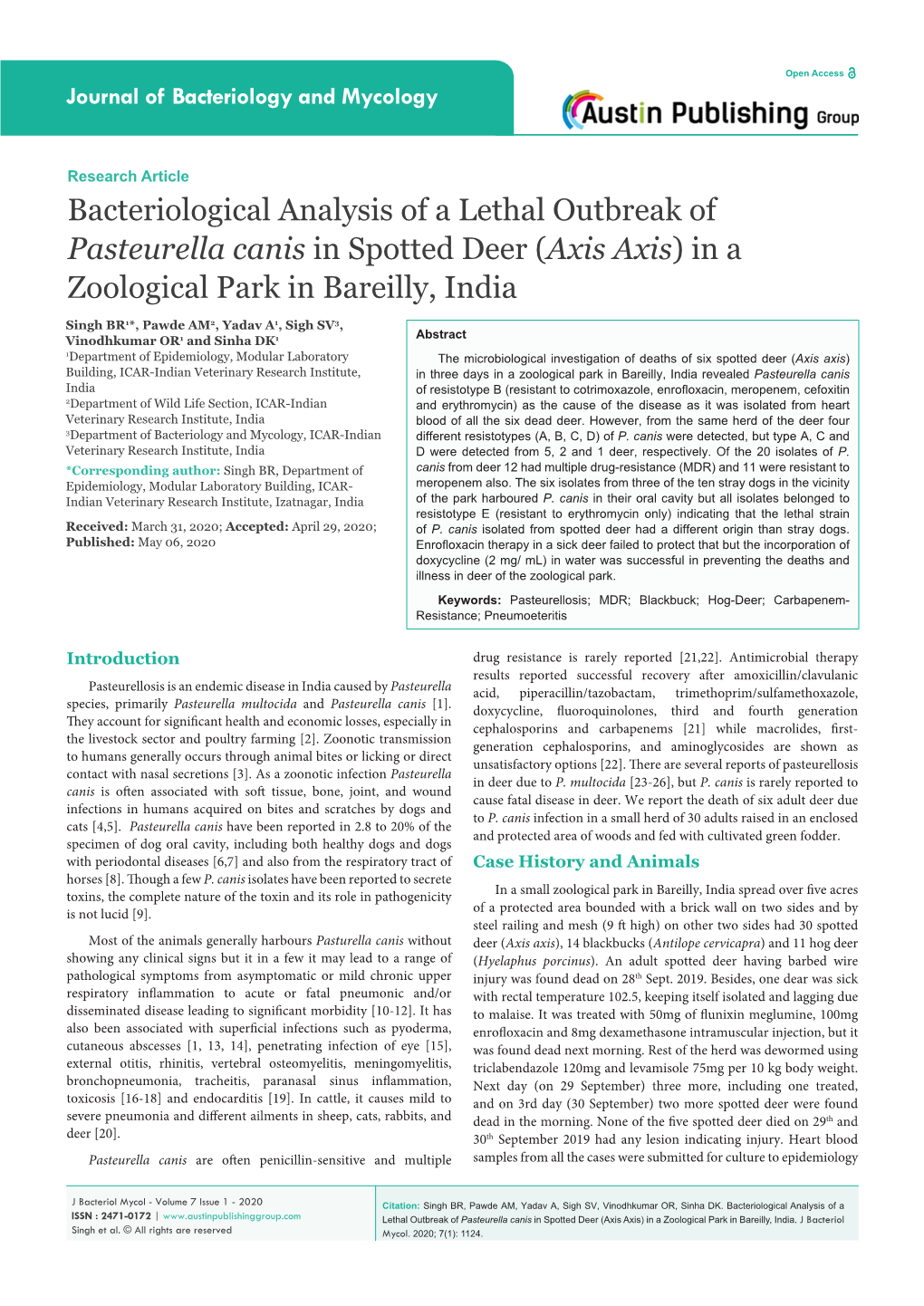 Bacteriological Analysis of a Lethal Outbreak of Pasteurella Canis in Spotted Deer (Axis Axis) in a Zoological Park in Bareilly, India