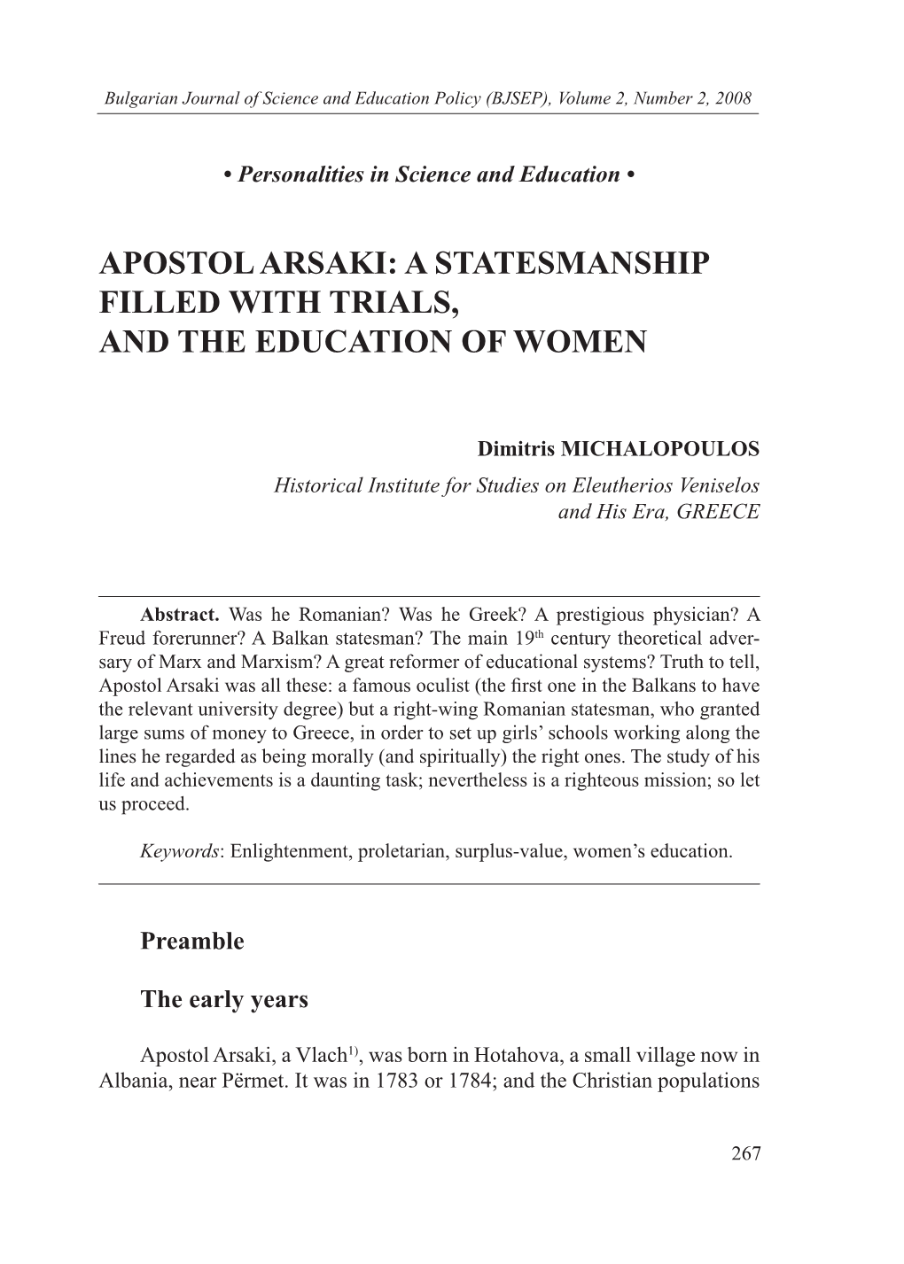 Apostol Arsaki: a Statesmanship Filled with Trials, and the Education of Women
