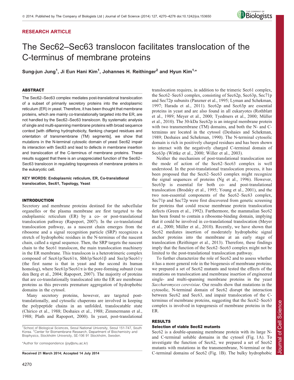 The Sec62–Sec63 Translocon Facilitates Translocation of the C