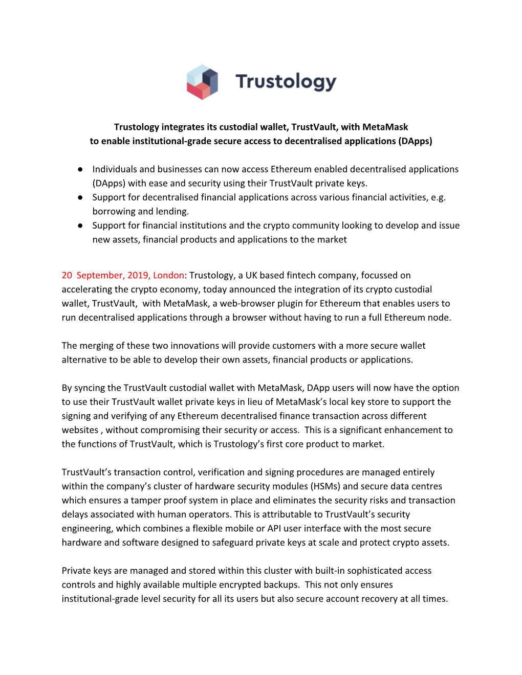 Trustology Integrates Its Custodial Wallet, Trustvault, with Metamask to Enable Institutional-Grade Secure Access to Decentralised Applications (Dapps)