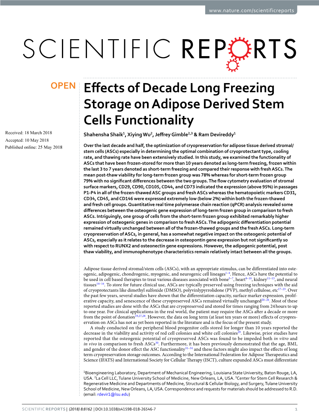 Effects of Decade Long Freezing Storage on Adipose Derived Stem