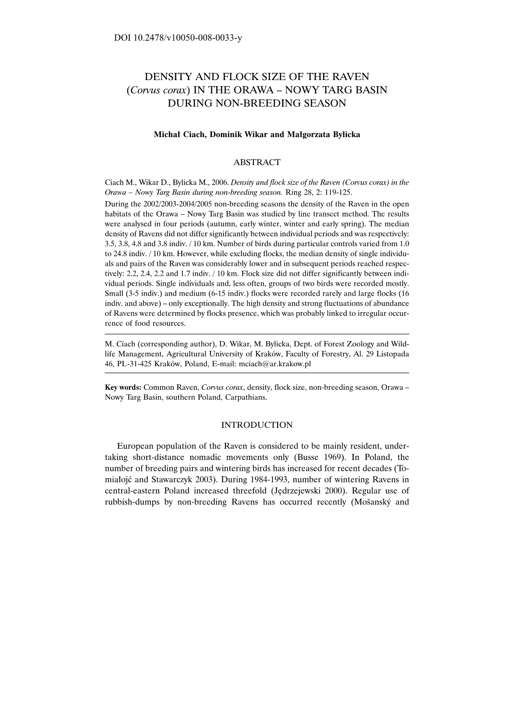 DENSITY and FLOCK SIZE of the RAVEN (Corvus Corax) in the ORAWA – NOWY TARG BASIN DURING NON-BREEDING SEASON