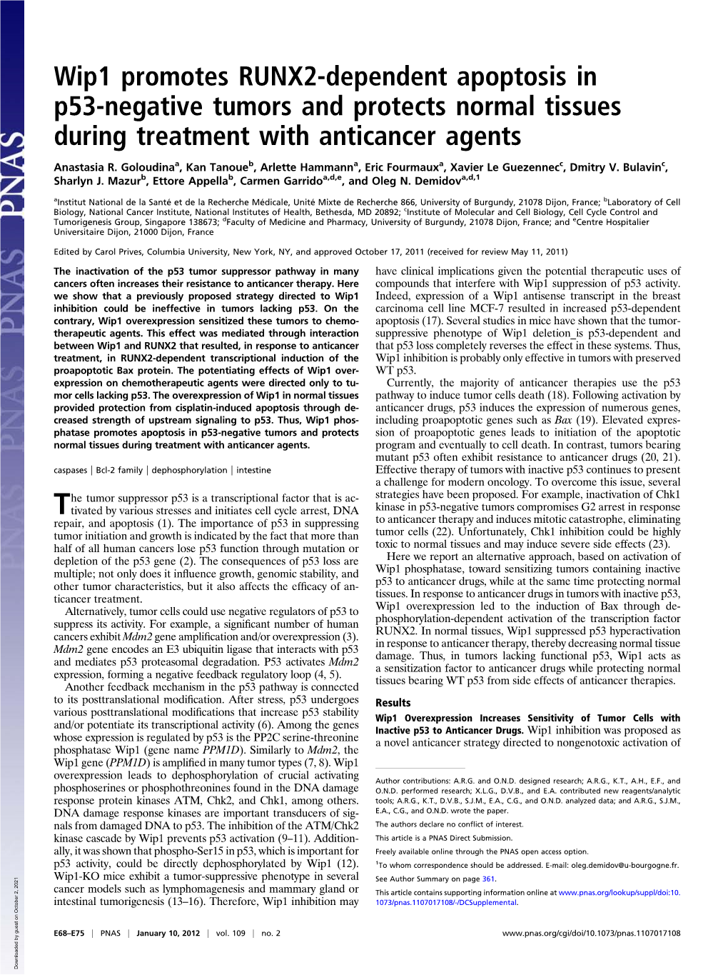 Wip1 Promotes RUNX2-Dependent Apoptosis in P53-Negative Tumors and Protects Normal Tissues During Treatment with Anticancer Agents