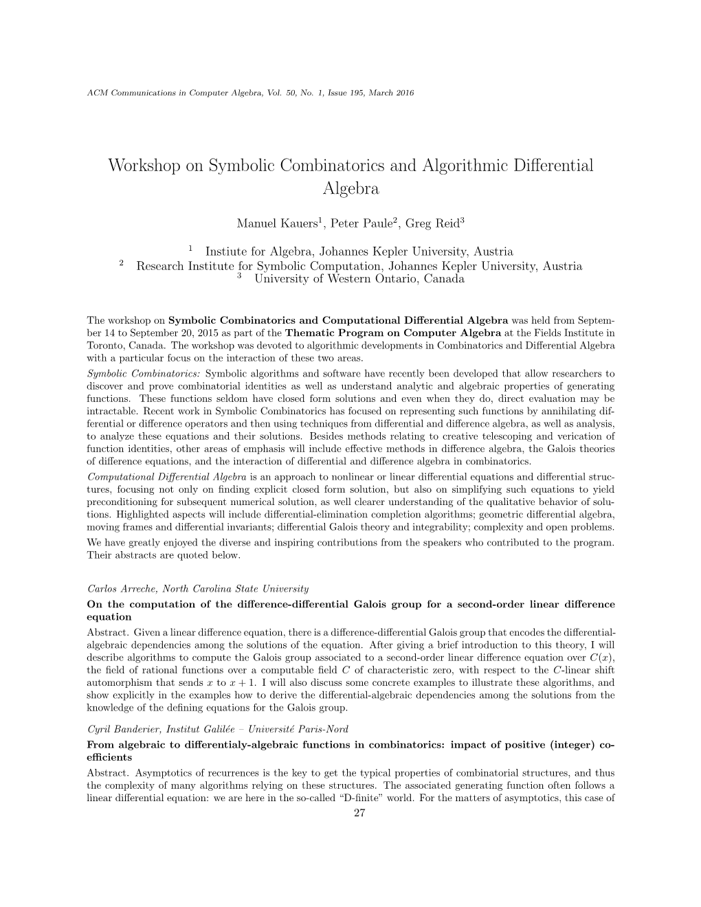 Workshop on Symbolic Combinatorics and Algorithmic Differential Algebra