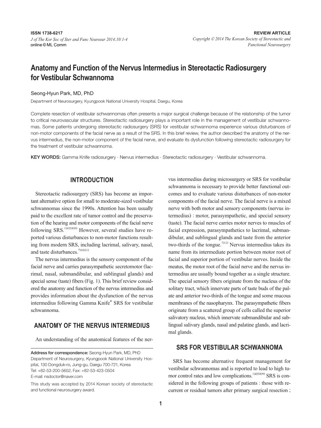 Anatomy and Function of the Nervus Intermedius in Stereotactic Radiosurgery for Vestibular Schwannoma