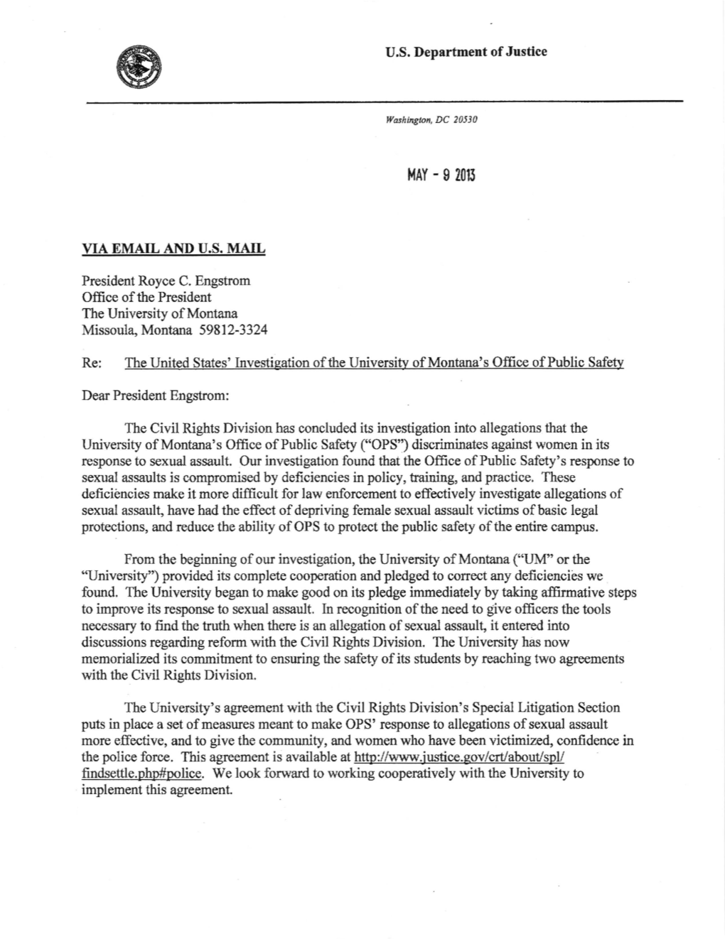 UM Office of Public Safety Letter of Findings