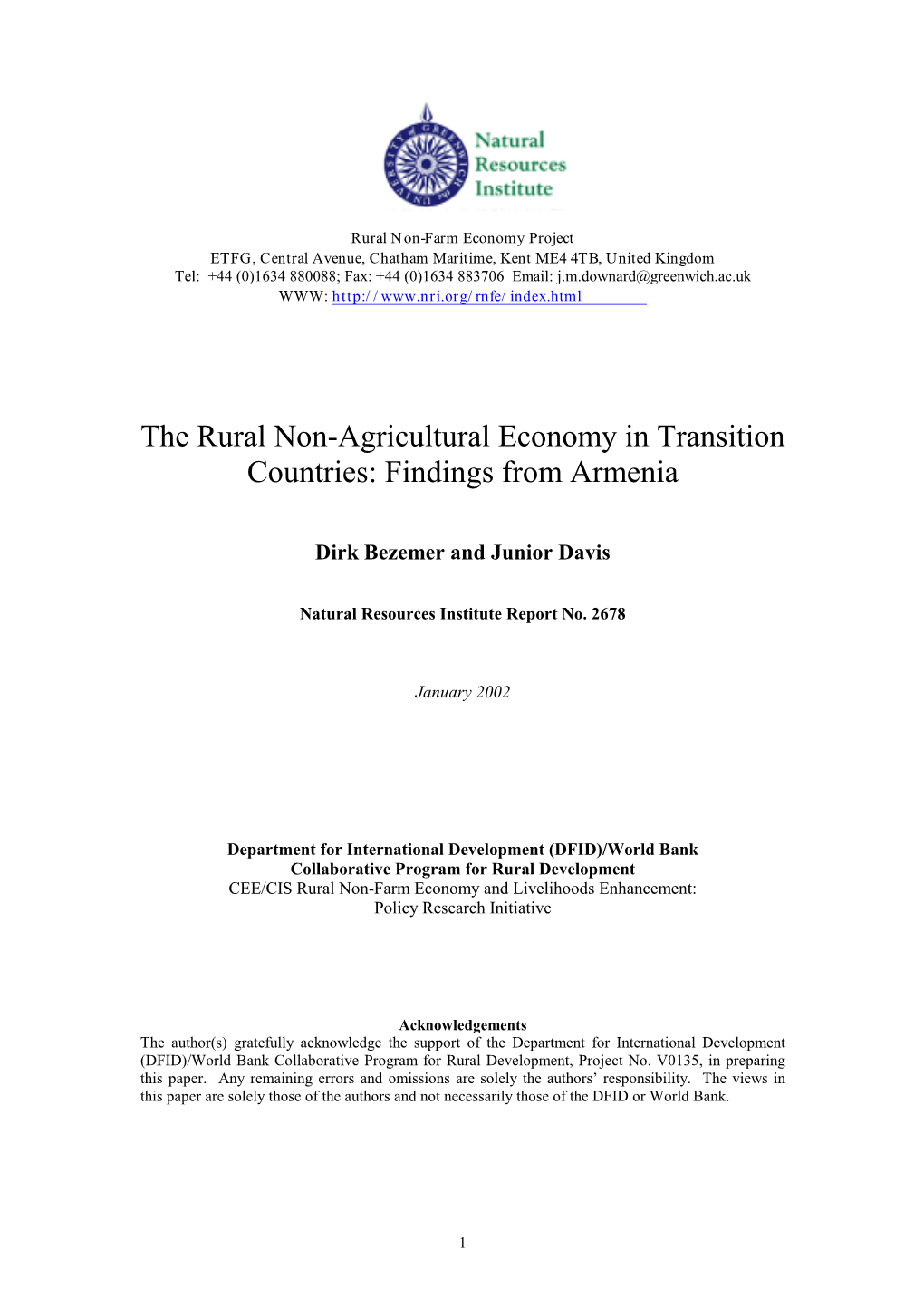 The Rural Non-Farm Economy in Armenia