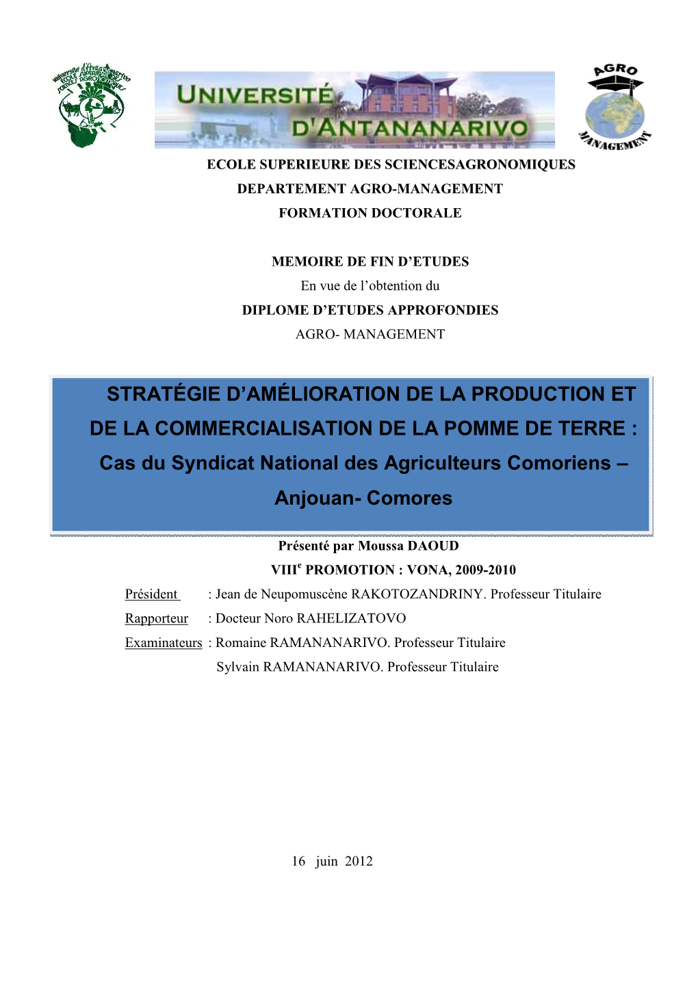 Ecole Superieure Des S Ciencesagronomiques Departement Agro-Management Formation Doctorale