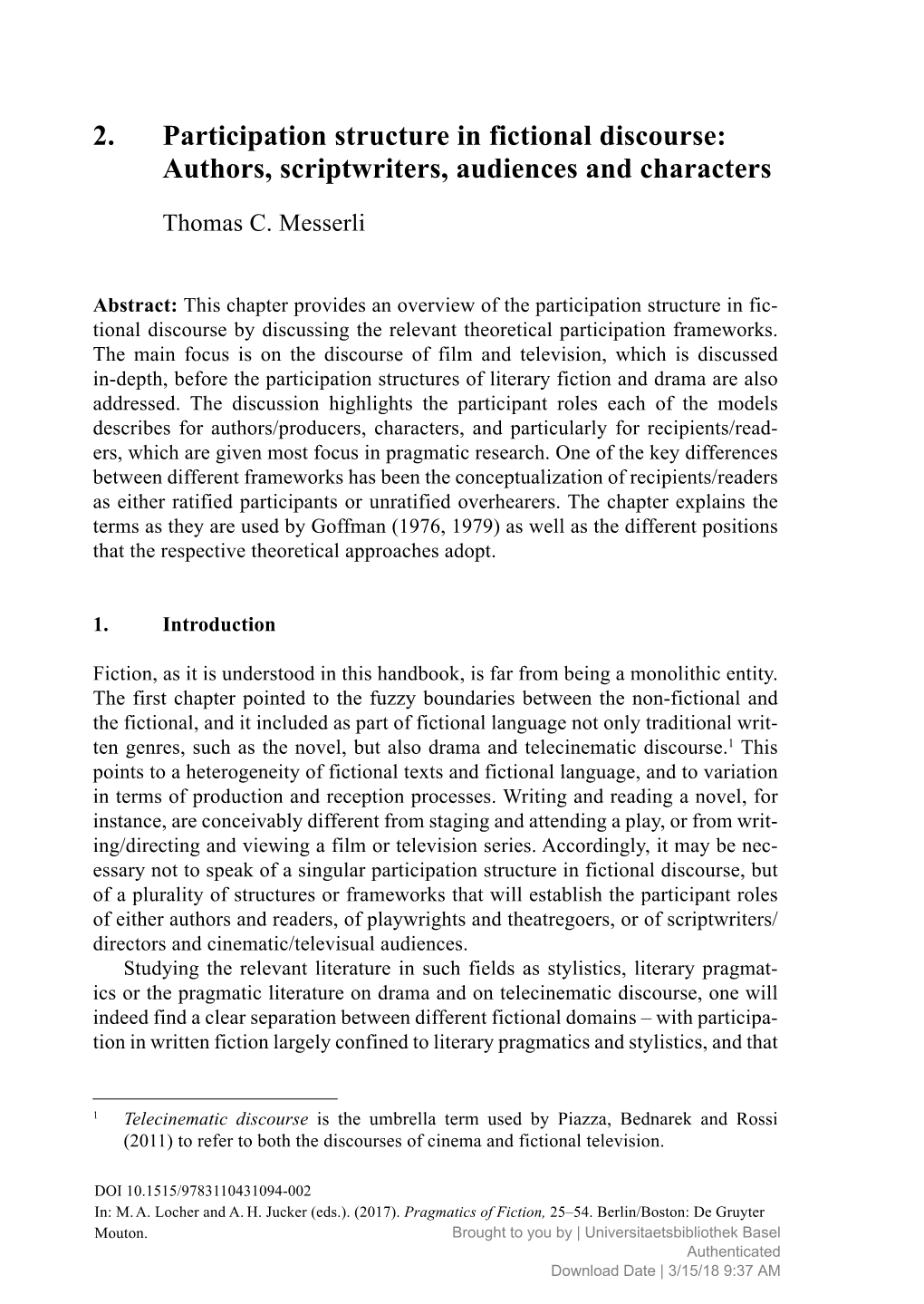 2. Participation Structure in Fictional Discourse: Authors, Scriptwriters, Audiences and Characters