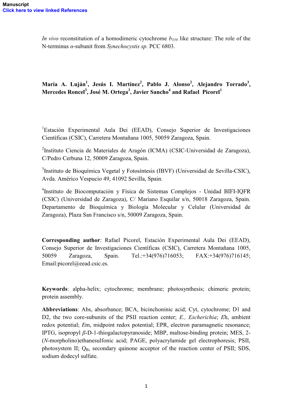 In Vivo Reconstitution of a Homodimeric Cytochrome B559 Like Structure: the Role of the N-Terminus Α-Subunit from Synechocystis Sp