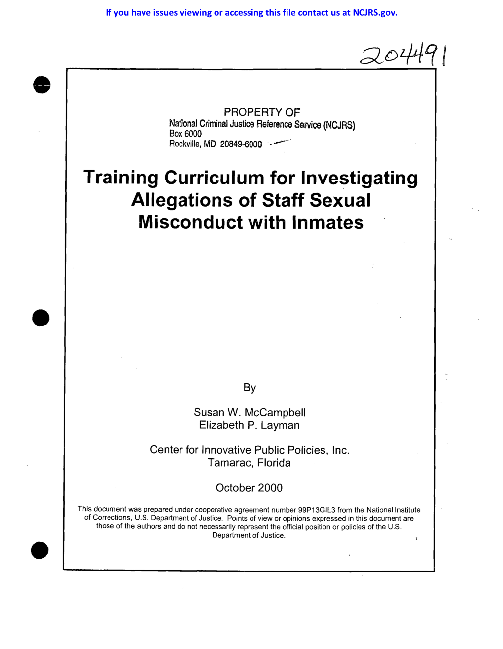 Training Curriculum for Investigating Allegations of Staff Sexual Misconduct with Inmates