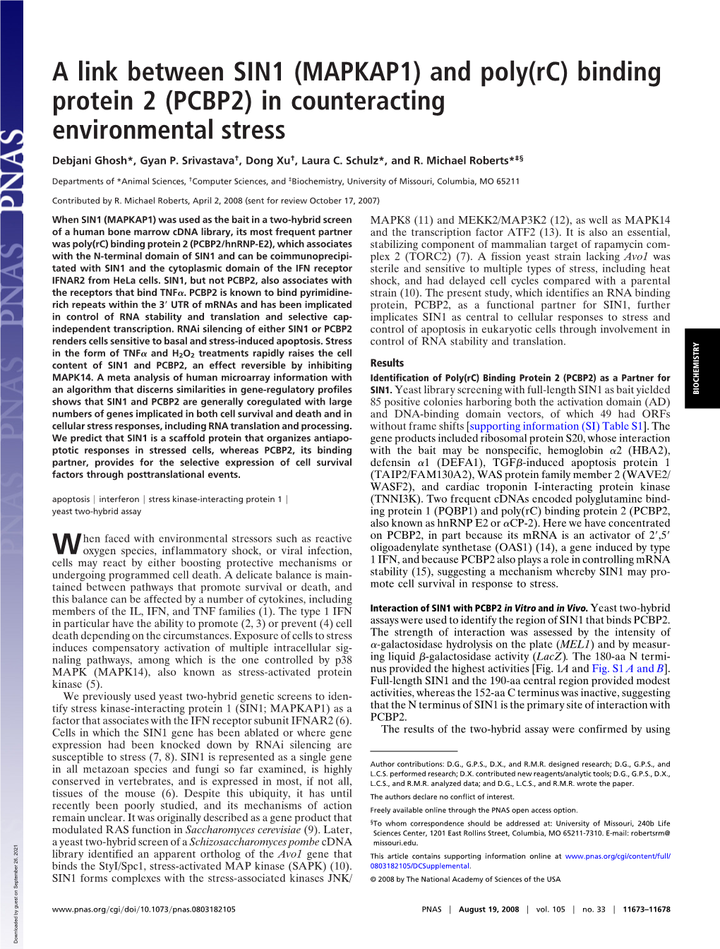 A Link Between SIN1 (MAPKAP1) and Poly(Rc) Binding Protein 2 (PCBP2) in Counteracting Environmental Stress