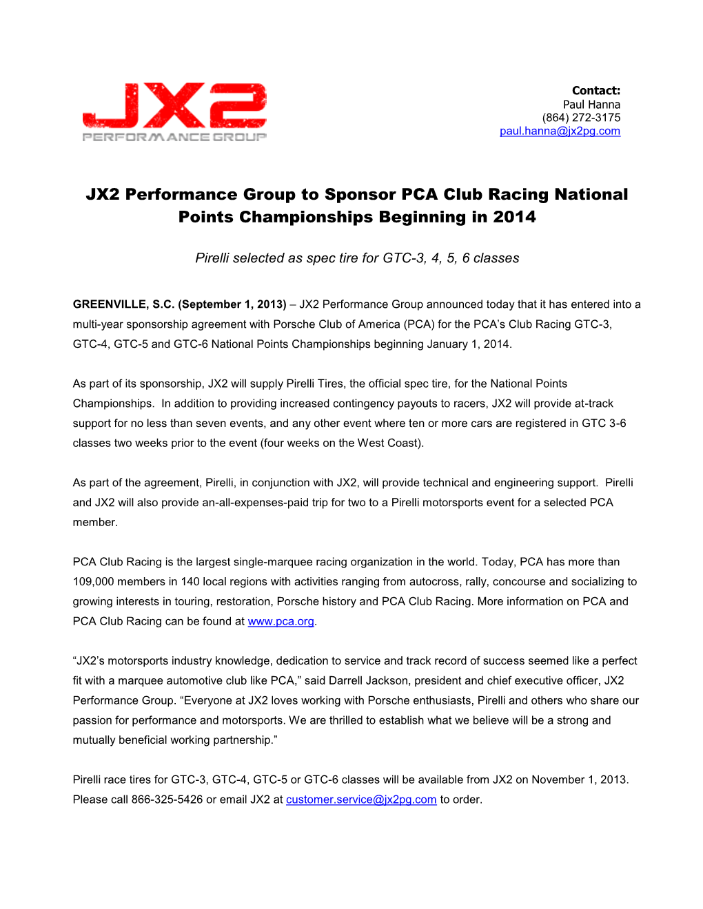 JX2 Performance Group to Sponsor PCA Club Racing National Points Championships Beginning in 2014