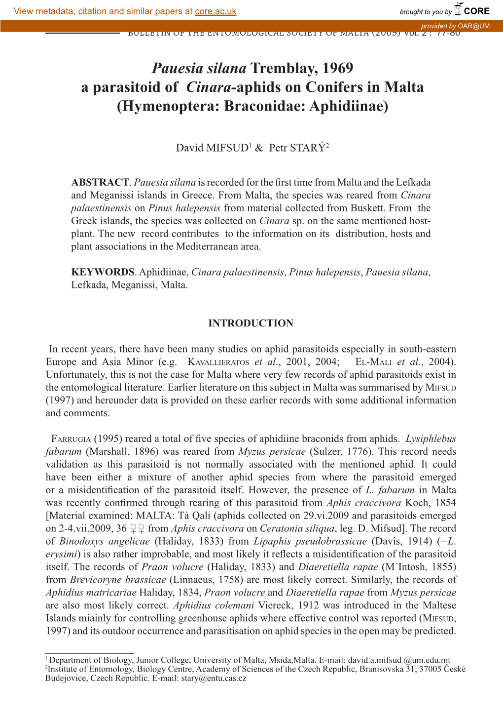 Pauesia Silana Tremblay, 1969 a Parasitoid of Cinara-Aphids on Conifers in Malta (Hymenoptera: Braconidae: Aphidiinae)