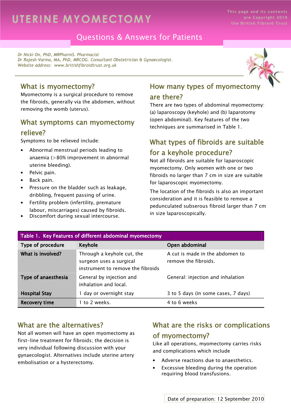 MYOMECTOMY Are Copyright 2010 the British Fibroid Trust