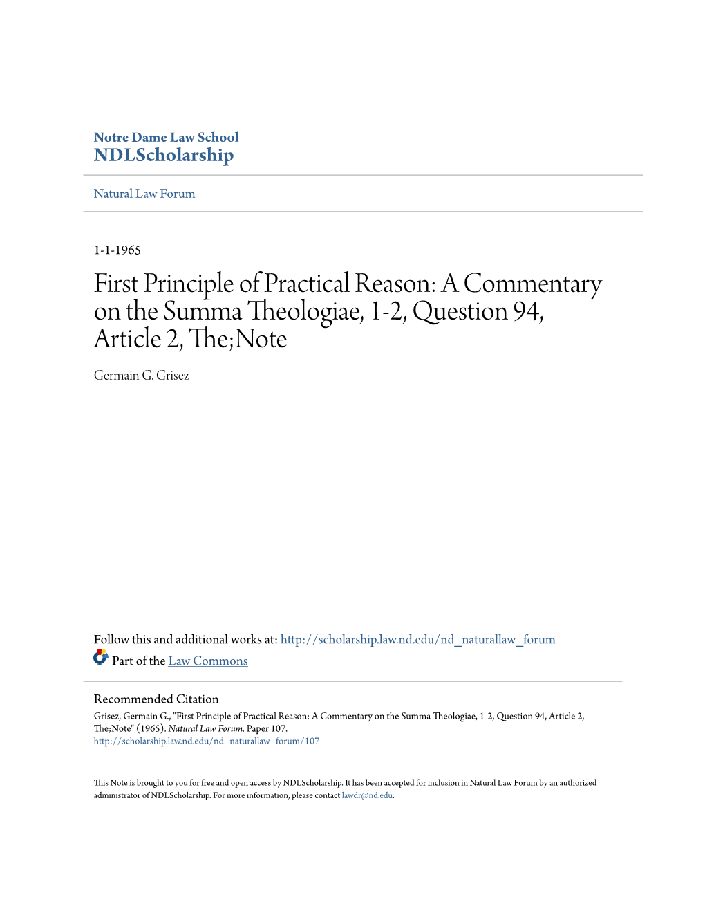 First Principle of Practical Reason: a Commentary on the Summa Theologiae, 1-2, Question 94, Article 2, The;Note Germain G