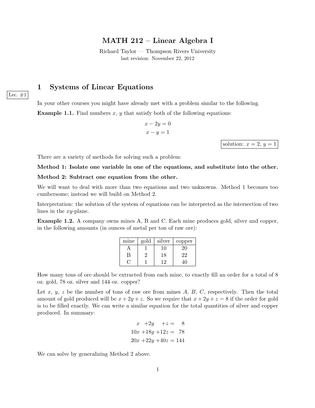 MATH 212 – Linear Algebra I 1 Systems of Linear Equations