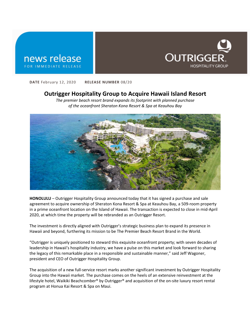 Outrigger Hospitality Group to Acquire Hawaii Island Resort