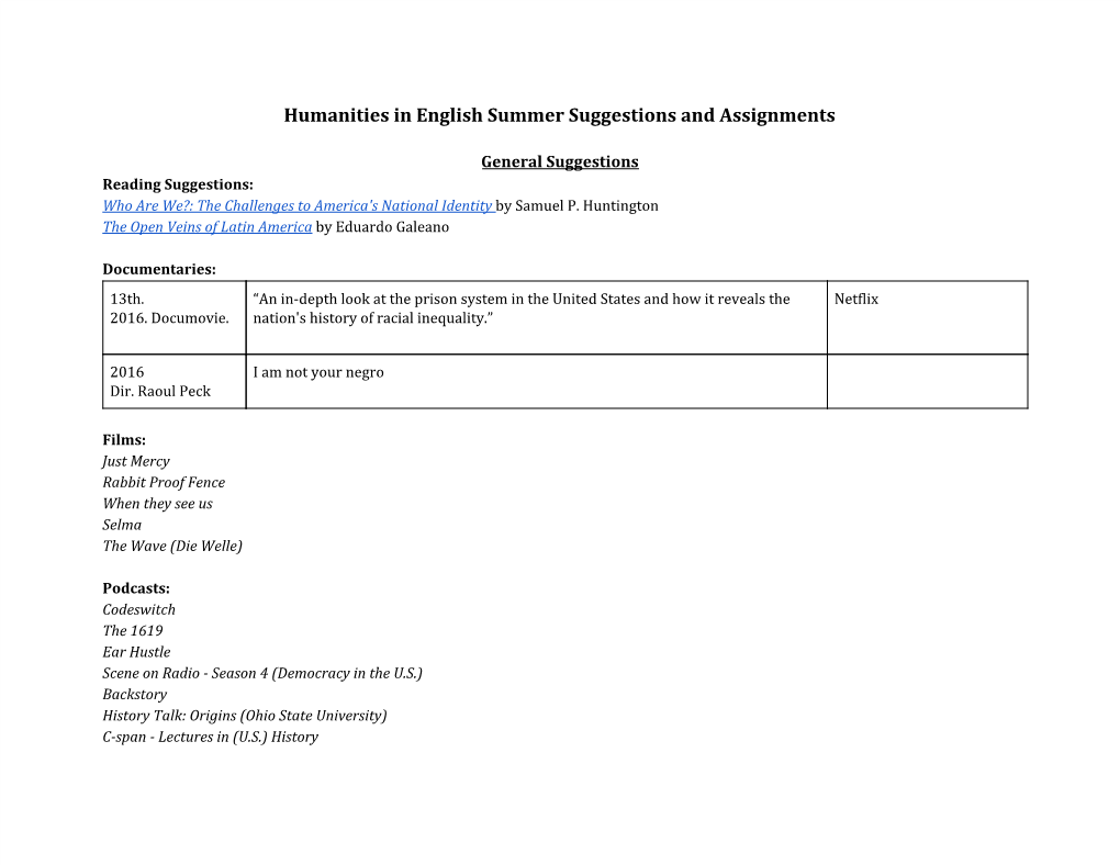 Humanities in English Summer Suggestions and Assignments