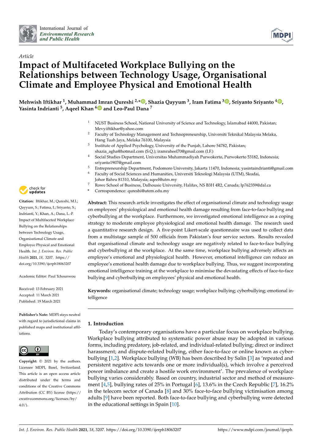 Impact of Multifaceted Workplace Bullying on the Relationships Between Technology Usage, Organisational Climate and Employee Physical and Emotional Health