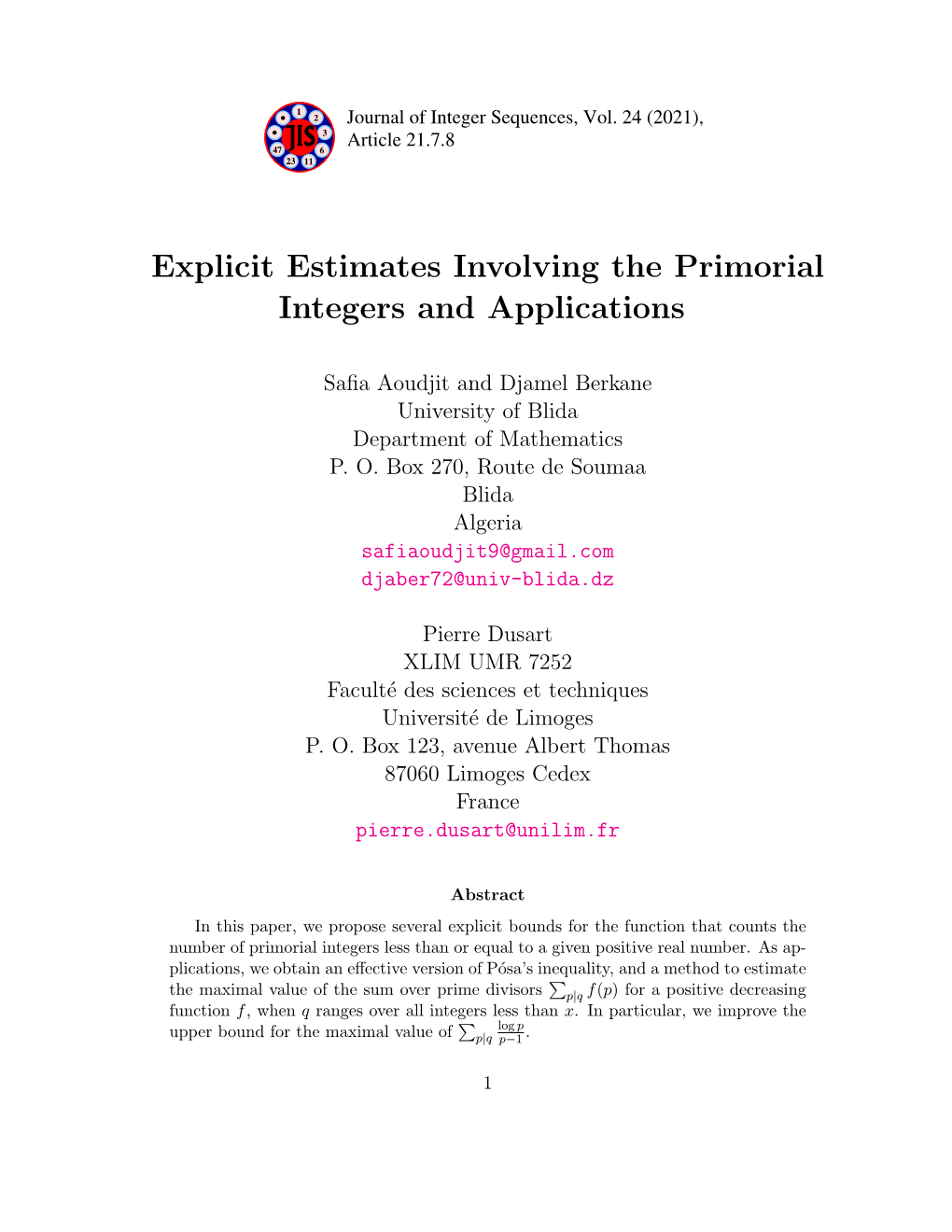 Explicit Estimates Involving the Primorial Integers and Applications