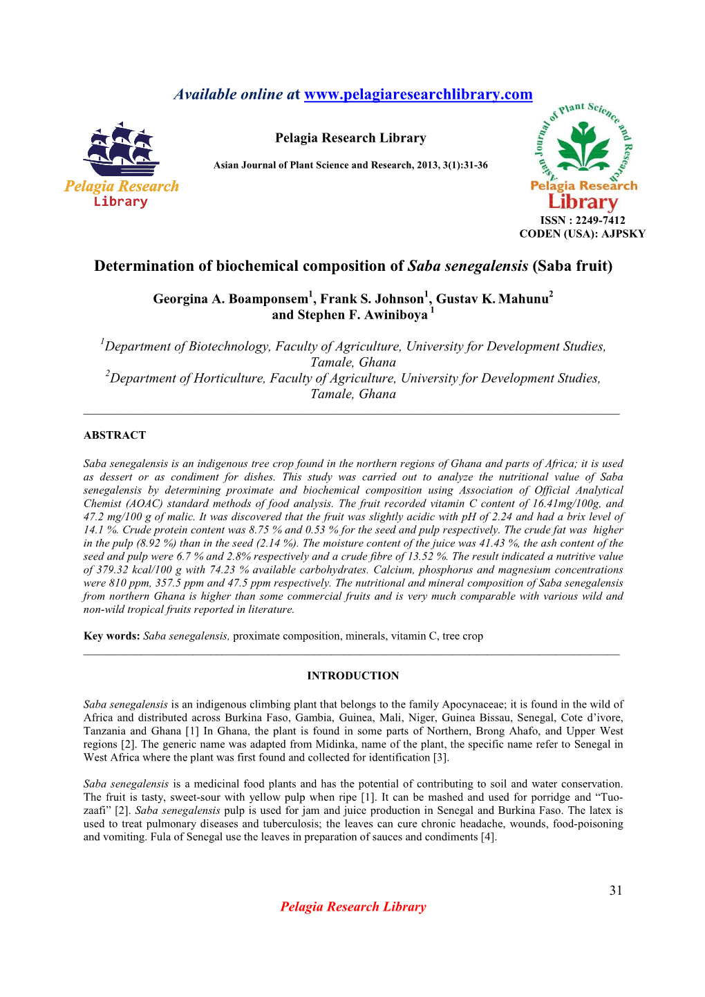 Determination of Biochemical Composition of Saba Senegalensis (Saba Fruit)