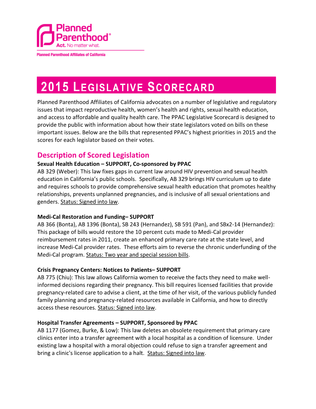 2015 Legislative Scorecard