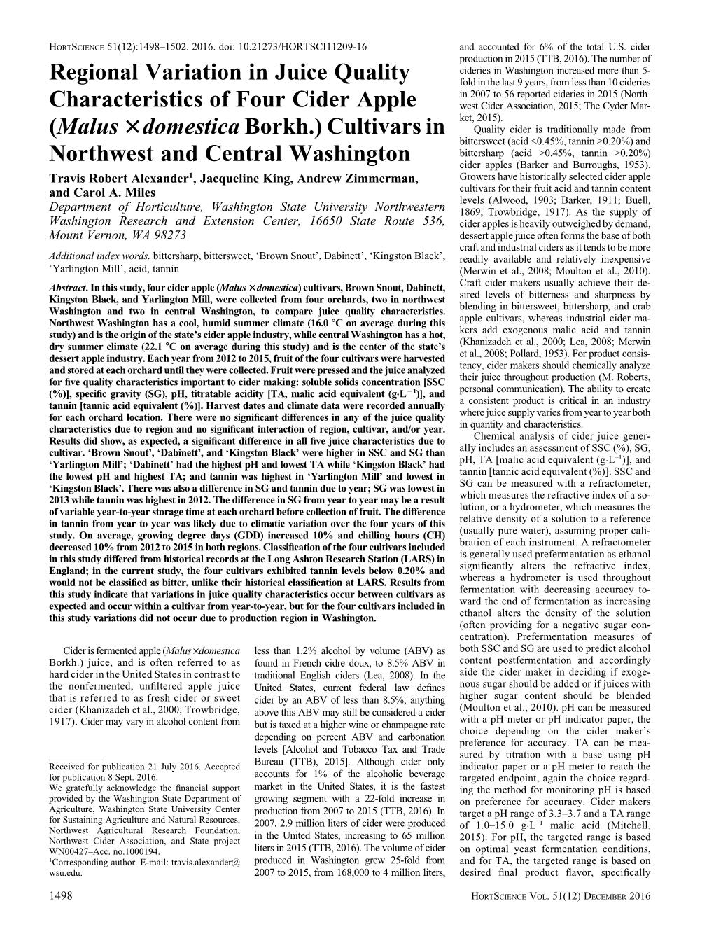 Regional Variation in Juice Quality Characteristics of Four Cider Apple