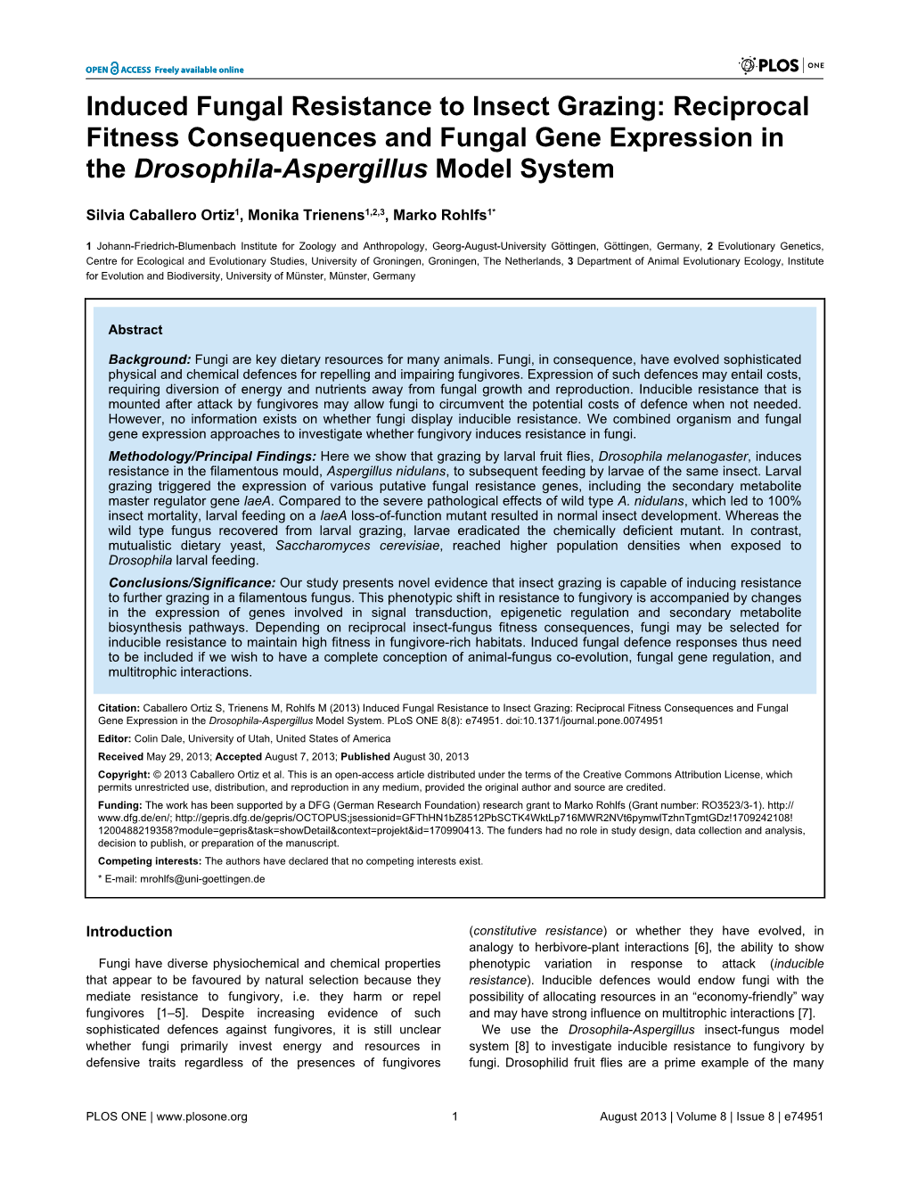 Induced Fungal Resistance to Insect Grazing: Reciprocal Fitness Consequences and Fungal Gene Expression in the Drosophila-Aspergillus Model System