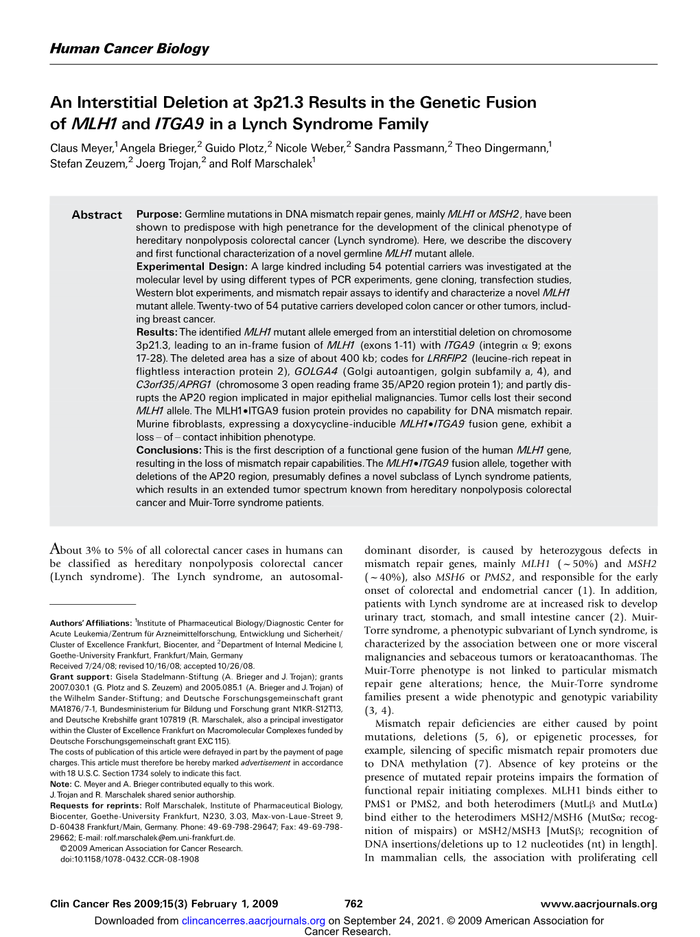 An Interstitial Deletion at 3P21.3 Results in the Genetic Fusion of MLH1 and ITGA9 in a Lynch Syndrome Family