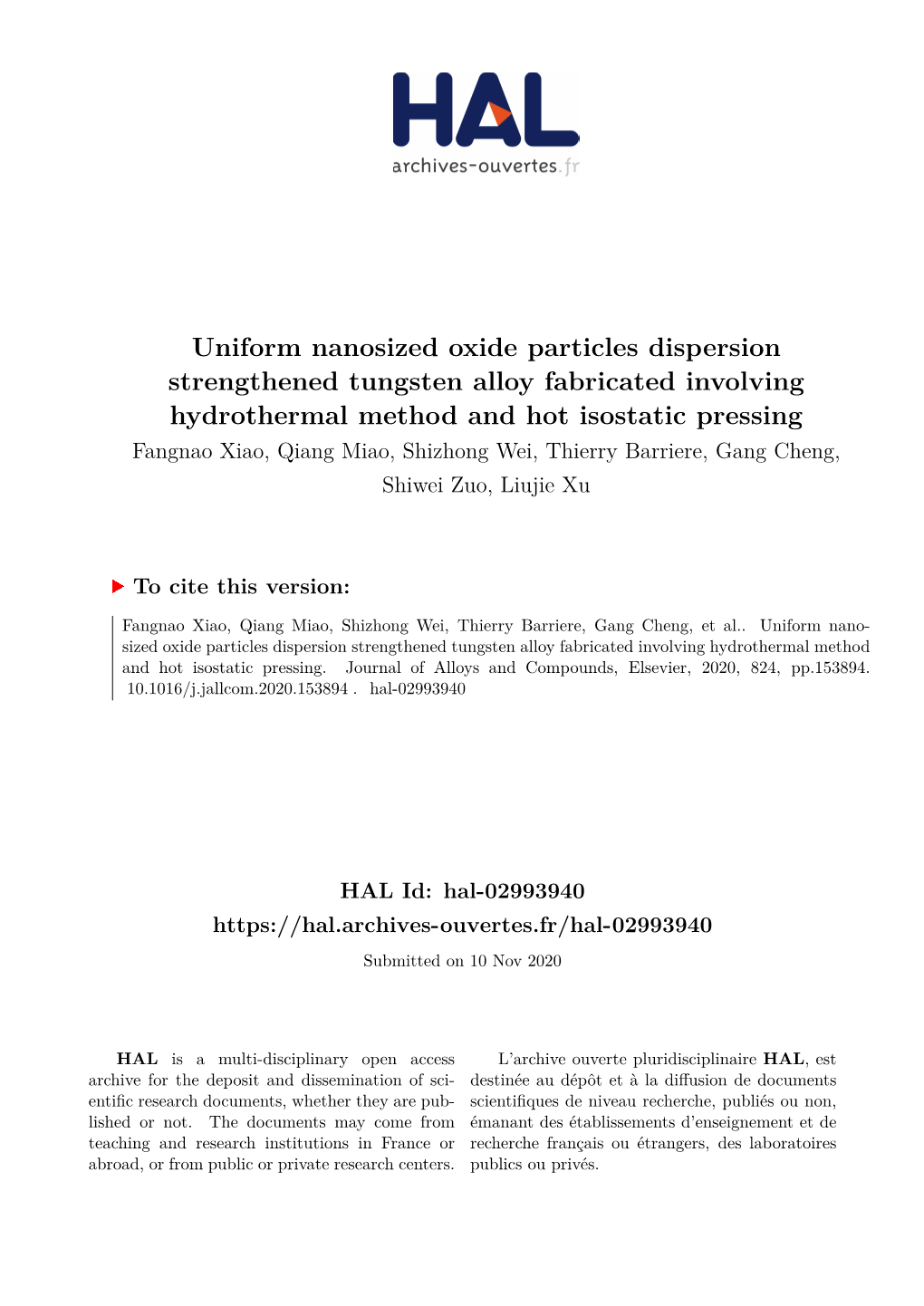 Uniform Nanosized Oxide Particles Dispersion Strengthened Tungsten