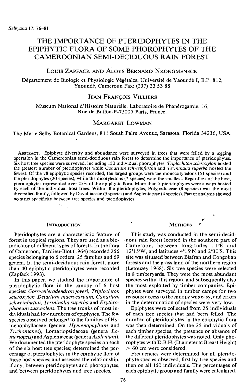 The Importance of Pteridophytes in the Epiphytic Flora of Some Phorophytes of the Cameroonian Semi-Deciduous Rain Forest