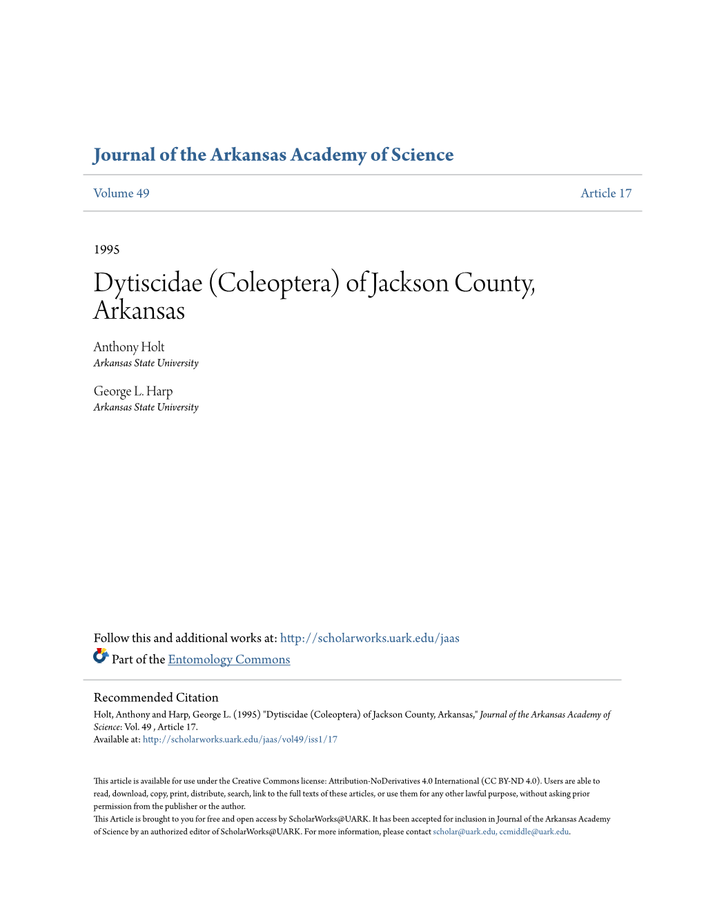 Dytiscidae (Coleoptera) of Jackson County, Arkansas Anthony Holt Arkansas State University