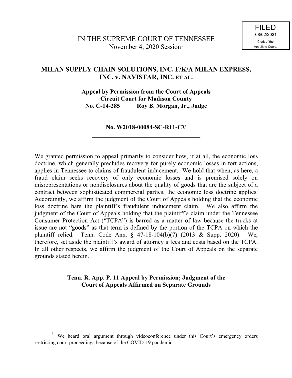 November 4, 2020 Session1 MILAN SUPPLY CHAIN SOLUTIONS, INC. F/K/A MILAN EXPRESS, INC. V. NAVISTAR, INC. ET