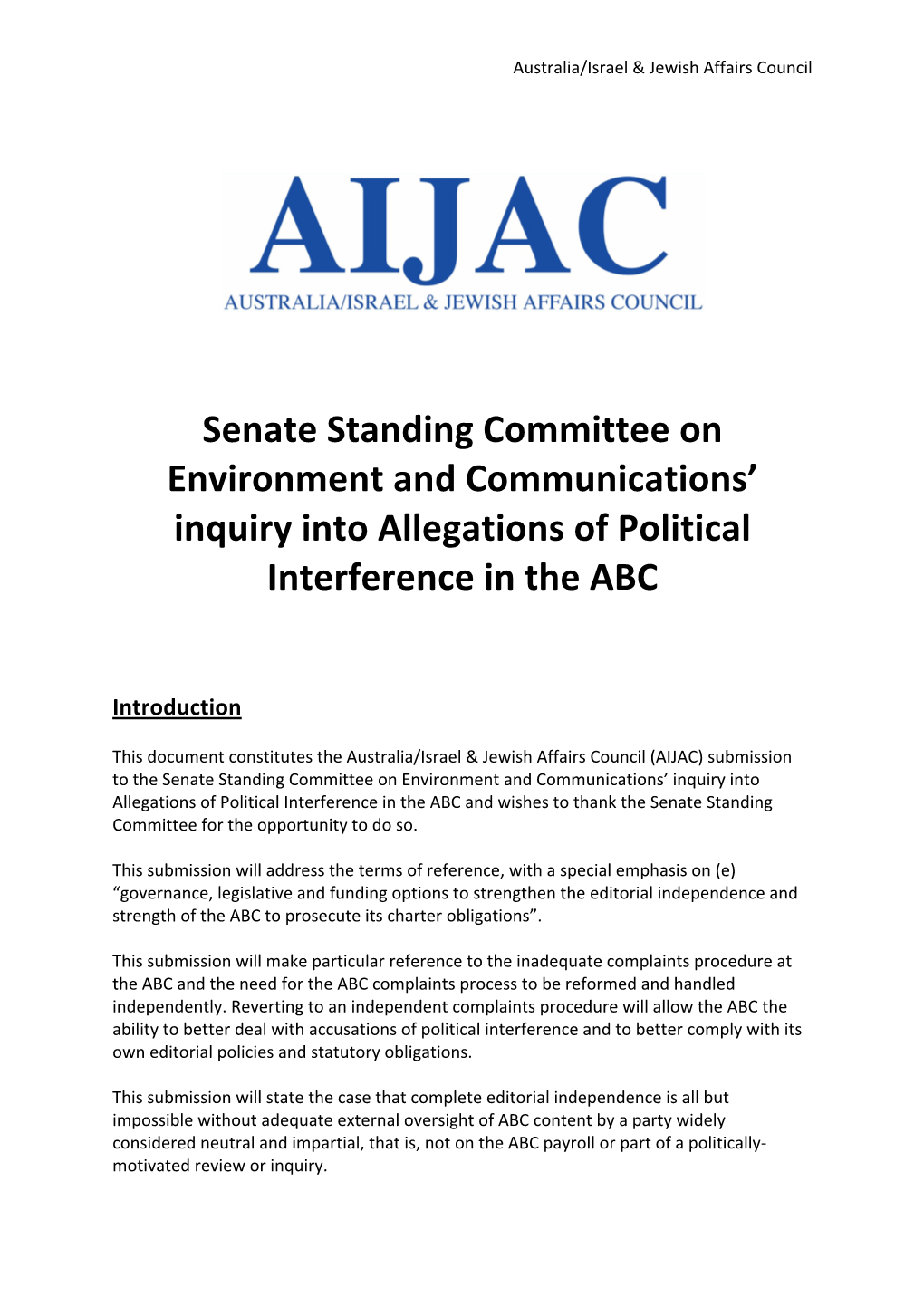 Senate Standing Committee on Environment and Communications’ Inquiry Into Allegations of Political Interference in the ABC