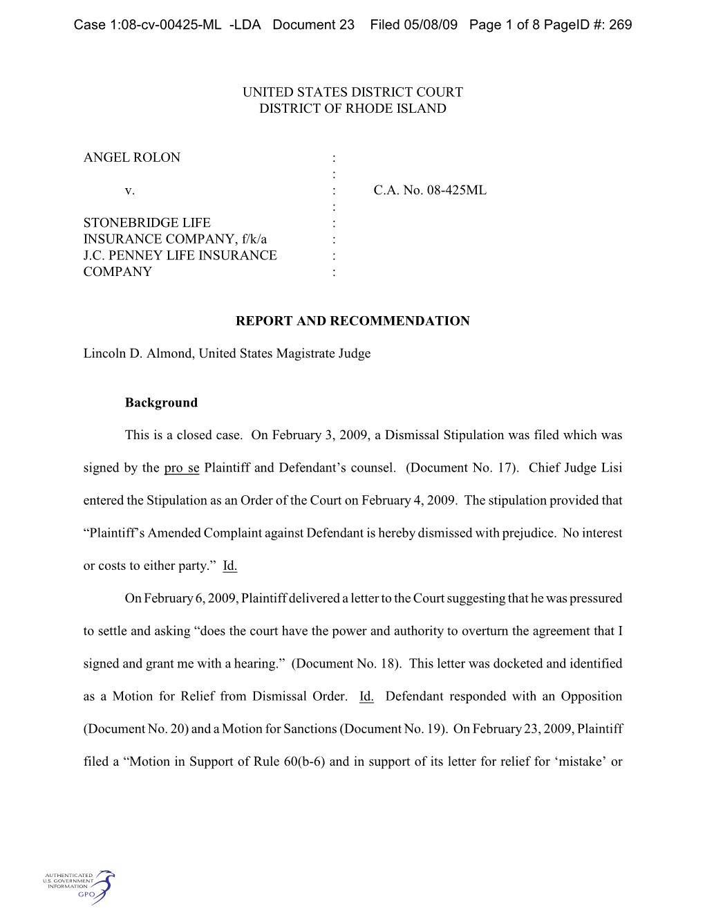 LDA Document 23 Filed 05/08/09 Page 1 of 8 Pageid #: 269