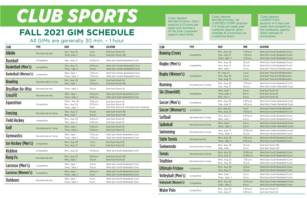 Club Sports Fall 2021 GIM Schedule