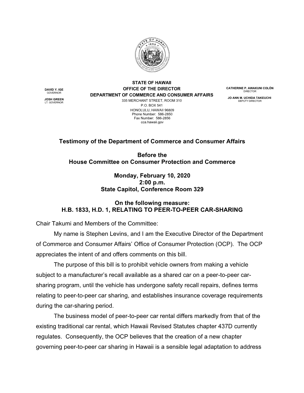 Testimony of the Department of Commerce and Consumer Affairs Before the House Committee on Consumer Protection and Commerce