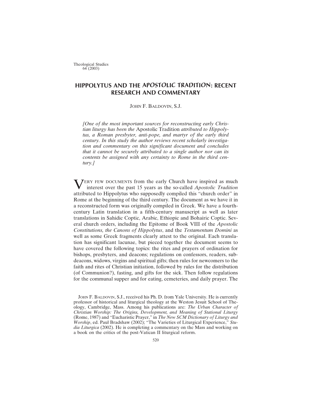 Hippolytus and the Apostolic Tradition: Recent Research and Commentary