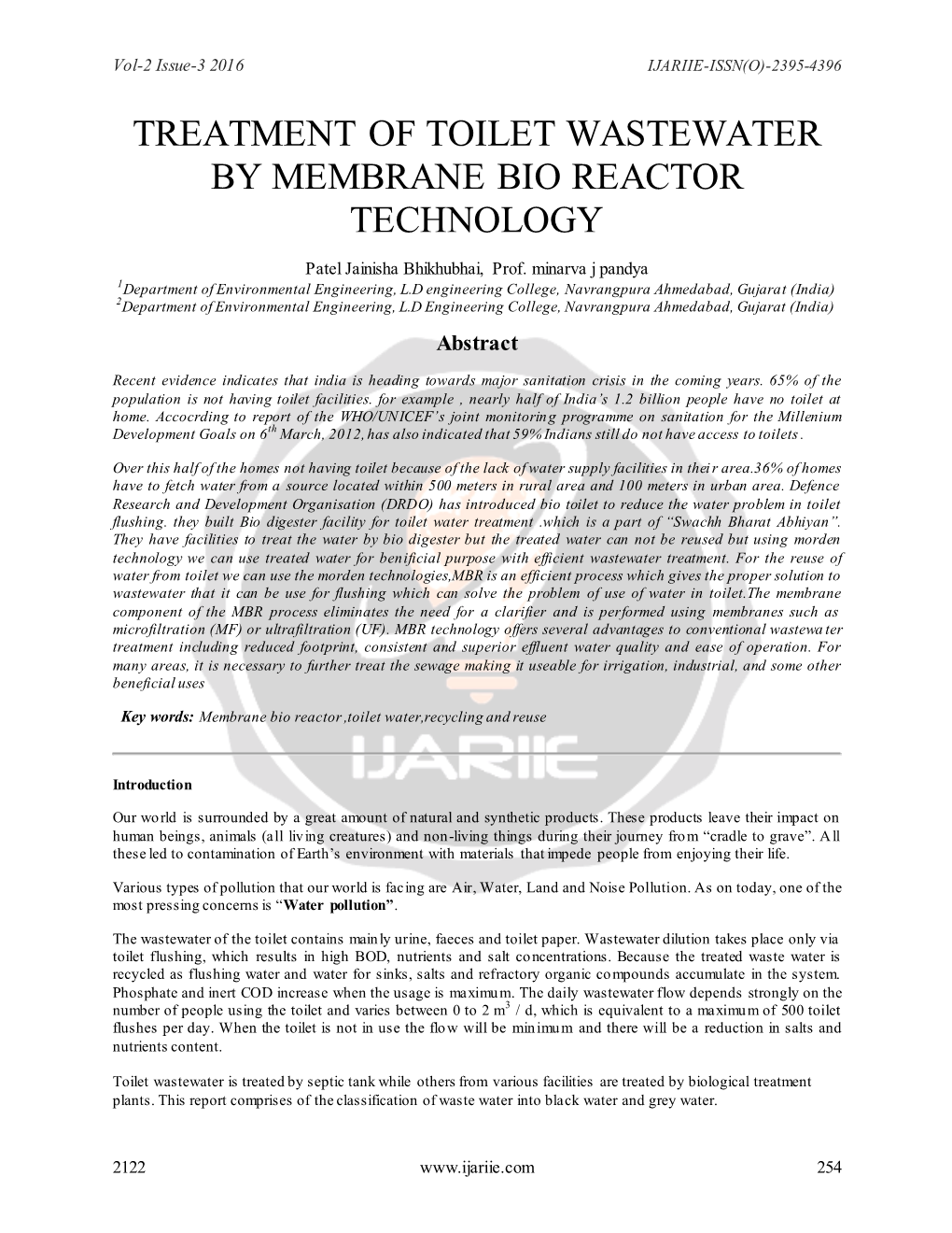 Treatment of Toilet Wastewater by Membrane Bio Reactor Technology