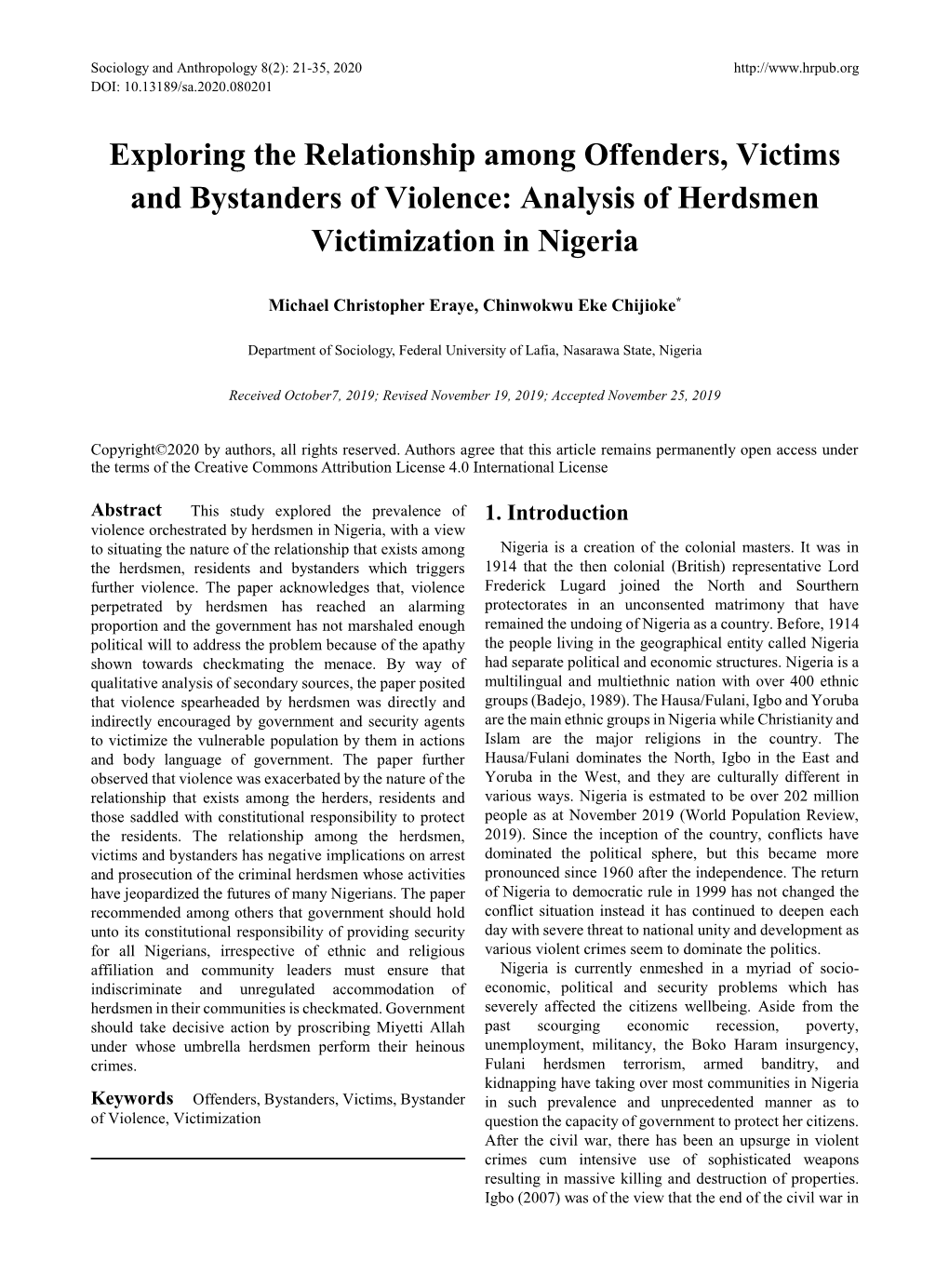 Exploring the Relationship Among Offenders, Victims and Bystanders of Violence: Analysis of Herdsmen Victimization in Nigeria