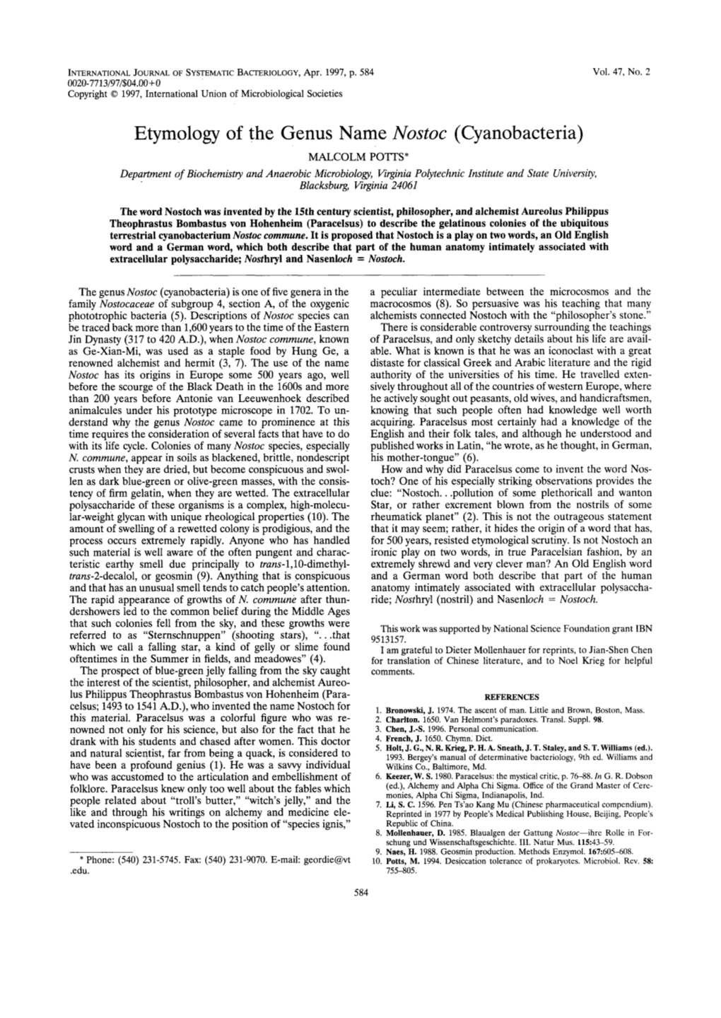 Etymology of the Genus Name Nostoc (Cyanobacteria)