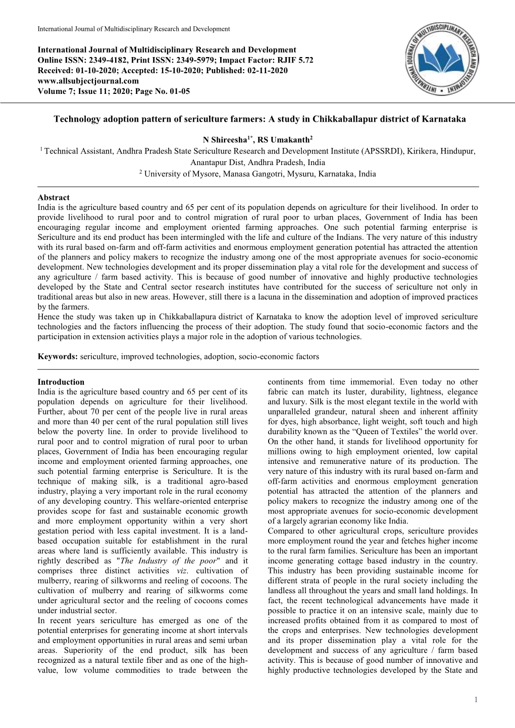 Technology Adoption Pattern of Sericulture Farmers: a Study in Chikkaballapur District of Karnataka