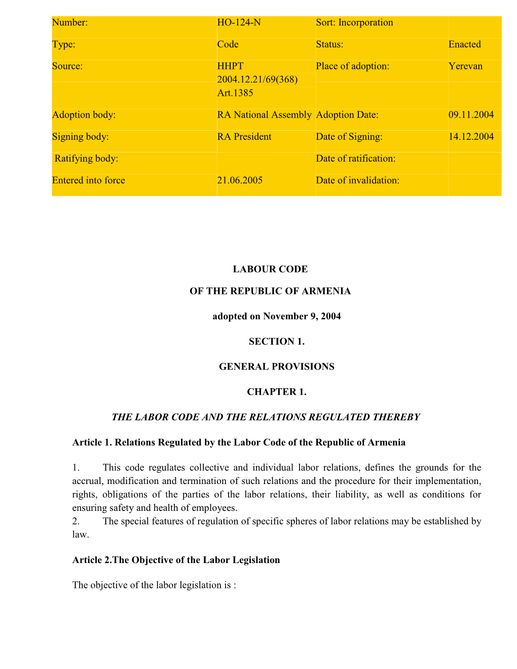 LABOUR CODE of the REPUBLIC of ARMENIA Adopted on November 9, 2004 SECTION 1. GENERAL PROVISIONS CHAPTER 1. the LABOR CODE and T