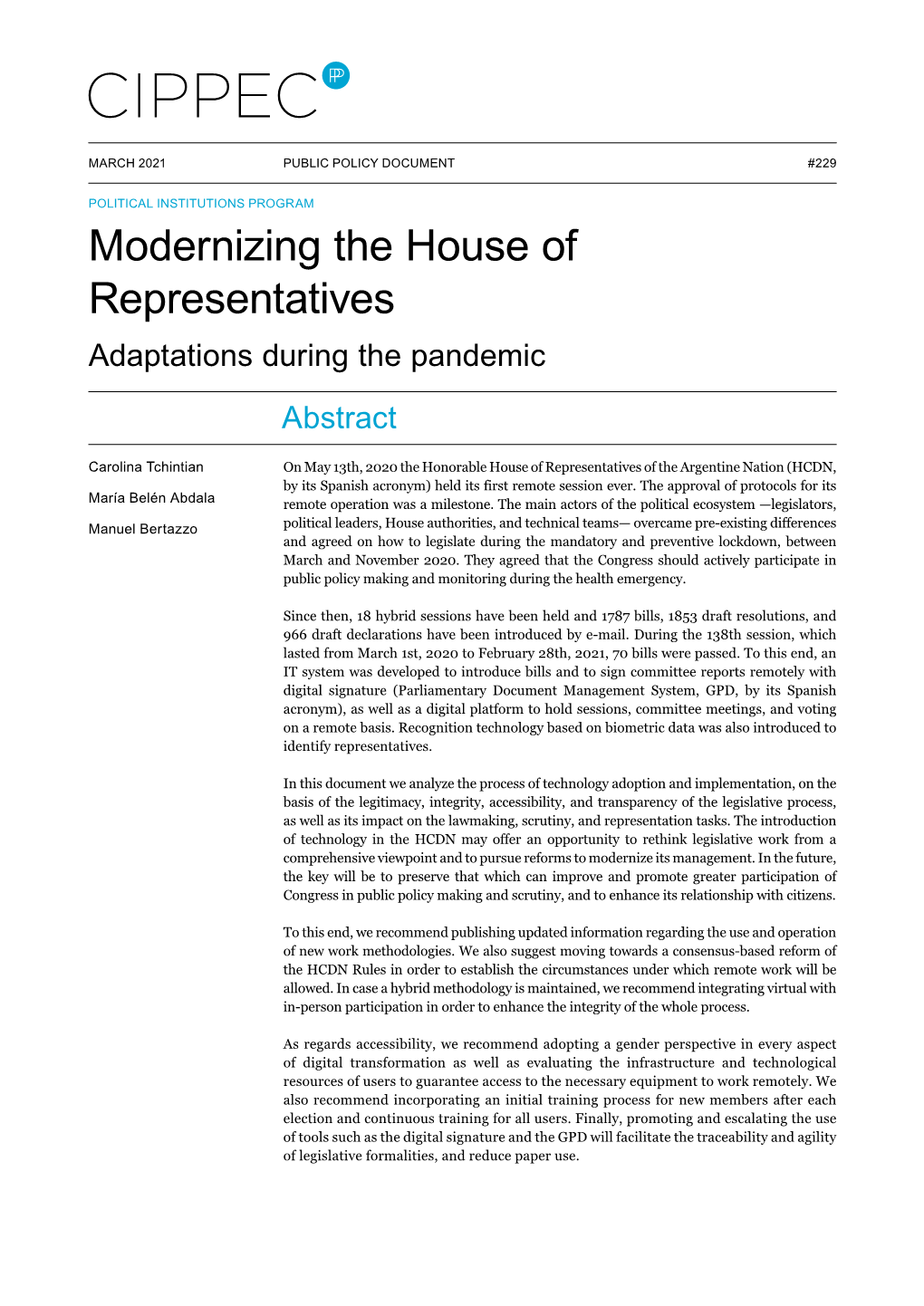 Modernizing the House of Representatives Adaptations During the Pandemic Abstract
