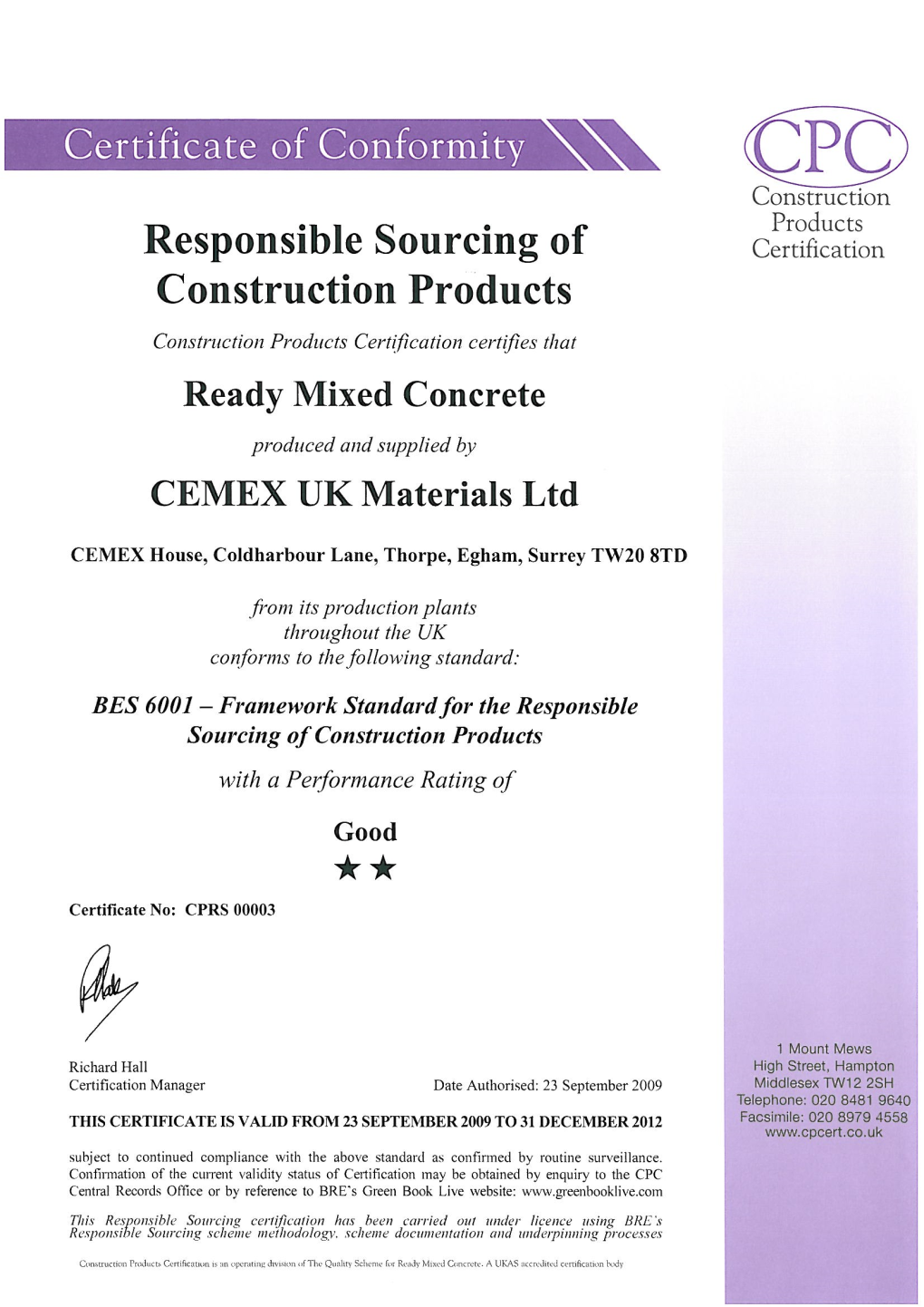 Certificate No CPRS00003 An