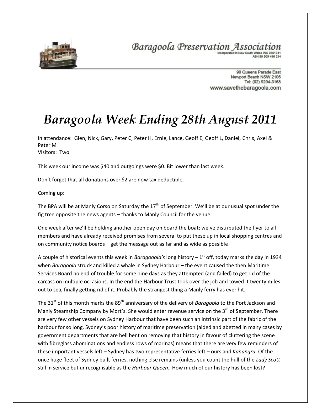 Baragoola Week Ending 28Th August 2011