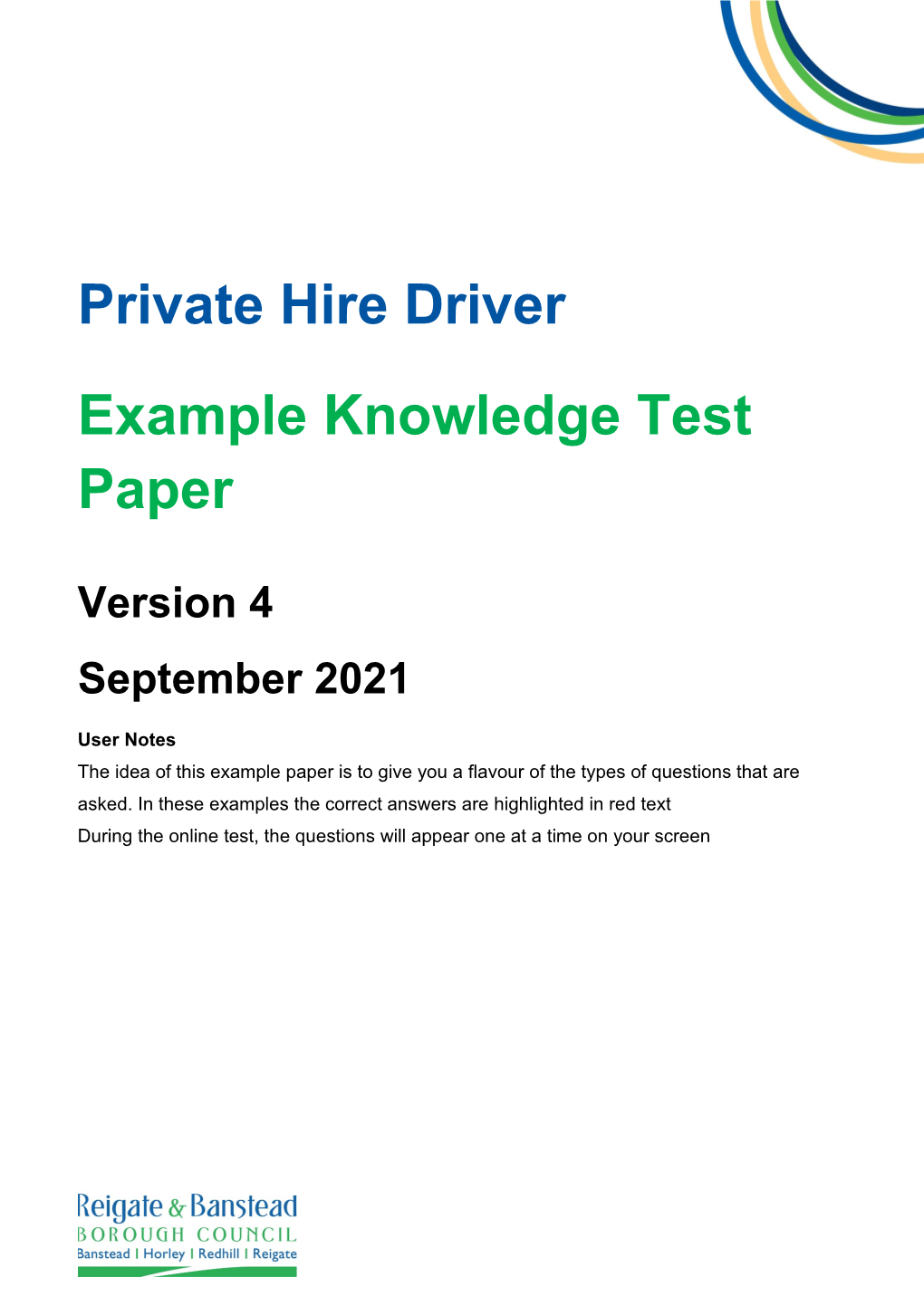 Private Hire Driver Example Knowledge Test Paper Version 3