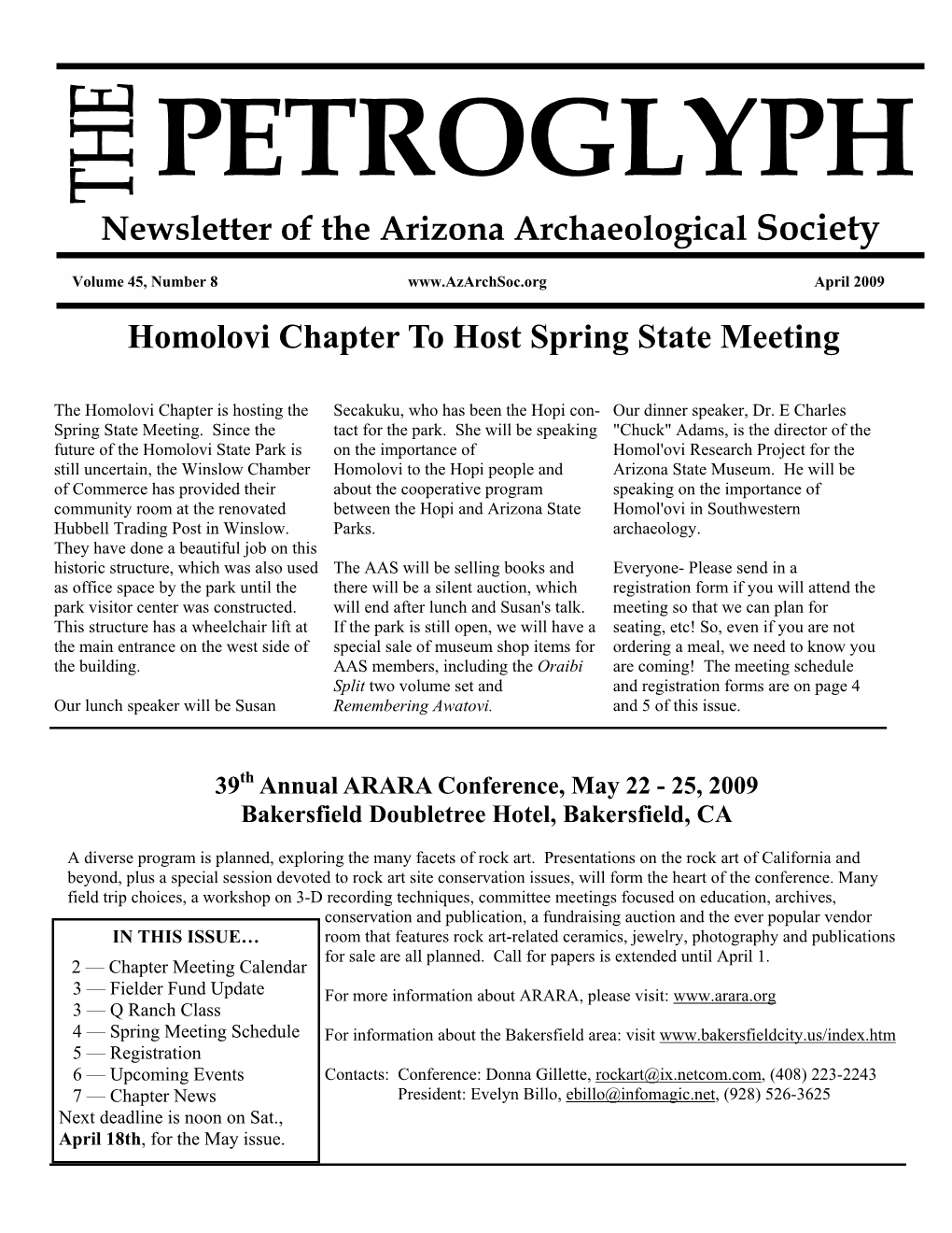 Newsletter of the Arizona Archaeological Society Homolovi Chapter to Host Spring State Meeting
