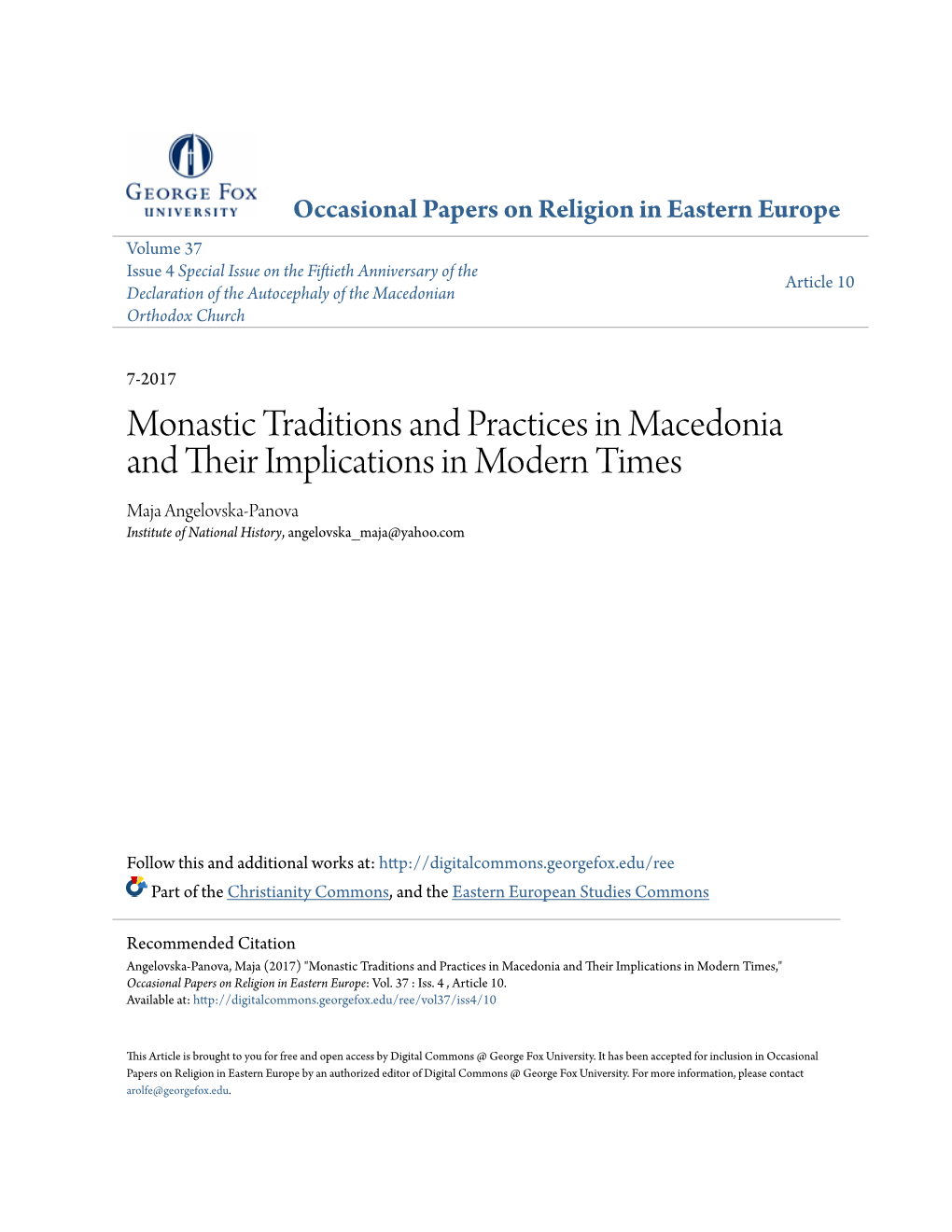 Monastic Traditions and Practices in Macedonia and Their Implications in Modern Times